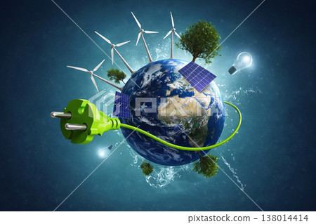 AI generated planet connected to green power plug with wind turbines solar panels and trees symbolizing renewable energy sustainability clean power transition and global climate action 138014414