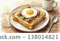 Toast topped with sausage and a fried egg 138014821