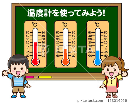 插圖描繪了小學生講解溫度計的情景。 138014936