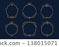 Set of six round art deco frames with thin geometric ornamental lines on dark blue background 138015071