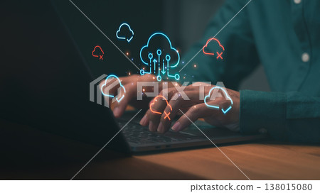 Man using laptop for cloud computing data backup and storage. Digital technology networking, software synchronization, and internet security for business. Man using laptop for cloud computing data backup and storage. Digital technology networking, software synchronization, and internet security for business. 138015080