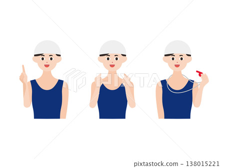 A set of three vector illustrations of swimming coaches in white caps striking different poses. A set of three vector illustrations of swimming coaches in white caps striking different poses. 138015221