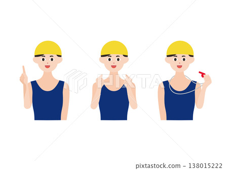 A set of three vector illustrations of a swimming coach in a yellow cap in different poses. A set of three vector illustrations of a swimming coach in a yellow cap in different poses. 138015222
