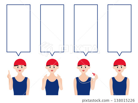 一組向量插圖，其中包含戴著紅色泳帽的游泳教練和運動員的對話氣泡（垂直文字）。 138015226