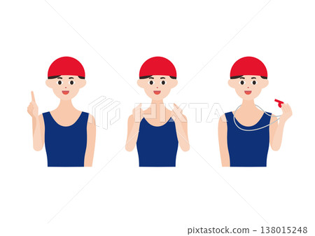 A set of three vector illustrations of swimming coaches in red caps striking different poses. A set of three vector illustrations of swimming coaches in red caps striking different poses. 138015248
