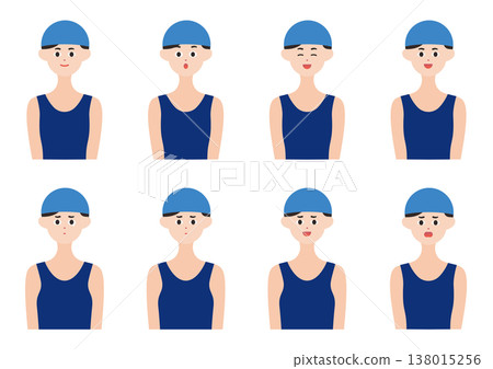 A set of 8 vector illustrations of swimming coaches and swimmers wearing blue caps, showing their facial expressions. 138015256
