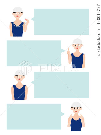 A set of four vector illustrations featuring speech bubbles of swimming coaches and athletes wearing white caps. A set of four vector illustrations featuring speech bubbles of swimming coaches and athletes wearing white caps. 138015257