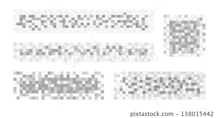 Set of gray censorship checkered textures on white background. Mosaic pixelated patterns for blurred text, image or another prohibited, banned or adult only content. Vector graphic illustration Set of gray censorship checkered textures on white background. Mosaic pixelated patterns for blurred text, image or another prohibited, banned or adult only content. Vector graphic illustration 138015442