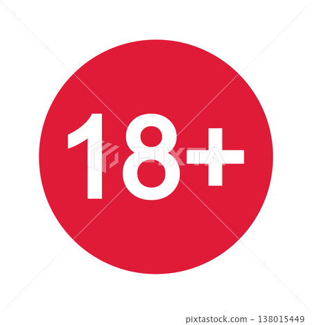Eighteen plus sticker. Number 18 in red circle isolated on white background. Age censor sign. Movie viewing, website visiting, adult only or alcohol limit label. Vector flat illustration Eighteen plus sticker. Number 18 in red circle isolated on white background. Age censor sign. Movie viewing, website visiting, adult only or alcohol limit label. Vector flat illustration 138015449