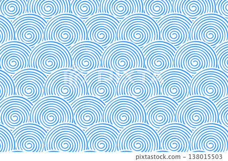 Repeated blue spiral shapes on white background. Sea or ocean waves pattern. Scalloped water or cloud print in oriental style. Abstract minimalist Asian ornament. Vector graphic illustration Repeated blue spiral shapes on white background. Sea or ocean waves pattern. Scalloped water or cloud print in oriental style. Abstract minimalist Asian ornament. Vector graphic illustration 138015503