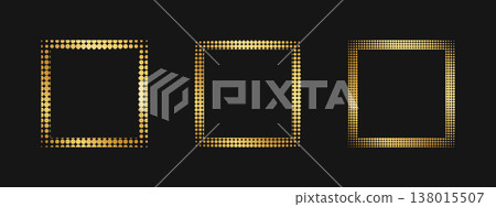 Set of golden square frames with faded polka dot borders. Gold quadrangular shapes with dotted, confetti or gritty texture isolated on black background. Luxury design elements. Vector illustration 138015507