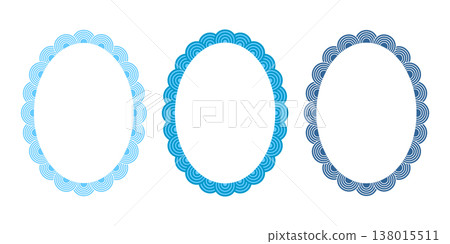 Oval frames with seigaiha print with blue overlapped semicircles. Elliptic vignettes in maritime oriental style isolated on white background. Frameworks with waves borders. Vector flat illustration Oval frames with seigaiha print with blue overlapped semicircles. Elliptic vignettes in maritime oriental style isolated on white background. Frameworks with waves borders. Vector flat illustration 138015511