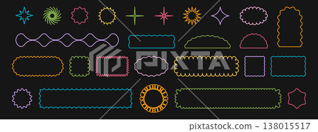 Set of colorful geometric forms with curvy edges on black background. Simple cute shapes with wavy borders. Empty neon signboards, web banners, tag or labels. Vector illustration 138015517