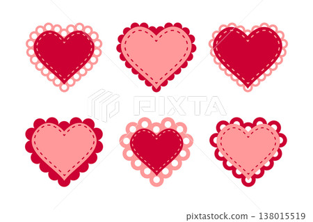 Set of paper or fabric red and pink heart shapes with laced borders. Templates of romantic Valentine day cards or patches with ruffles, stitched borders and gingham print. Vector flat illustration Set of paper or fabric red and pink heart shapes with laced borders. Templates of romantic Valentine day cards or patches with ruffles, stitched borders and gingham print. Vector flat illustration 138015519