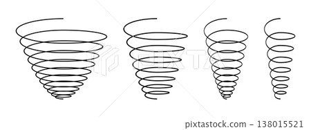 Set of curled lines. Funnel coil spring shapes isolated on white background. Flexible wire spirals. Vector graphic illustration Set of curled lines. Funnel coil spring shapes isolated on white background. Flexible wire spirals. Vector graphic illustration 138015521