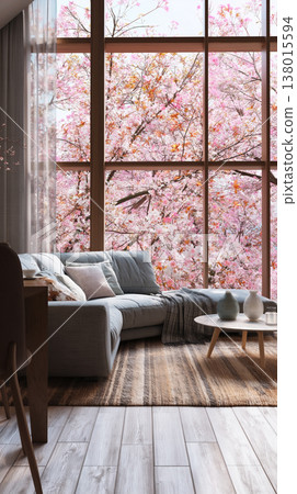 A visual depicting a living space harmoniously integrated with cherry blossoms in full bloom visible through large windows, representing a peaceful life bathed in natural light. A visual depicting a living space harmoniously integrated with cherry blossoms in full bloom visible through large windows, representing a peaceful life bathed in natural light. 138015594