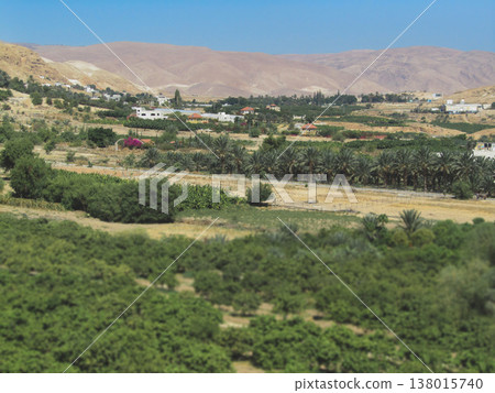 Aerial view of the Jericho oasis and agricultural plantations in the Jordan Valley 138015740