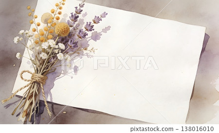 水彩插畫背景，一束含羞草和薰衣草花，以及一封信。 138016010