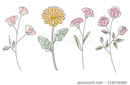 Hand-drawn style flowers in natural colors - botanical material 138016060