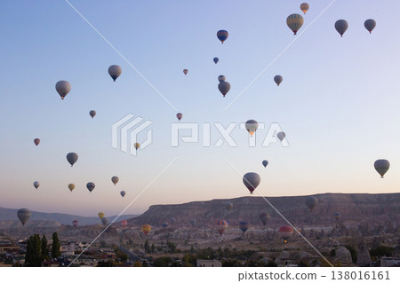 beautiful scenery flight of balloons in the mountains of Cappadocia in love valley beautiful scenery flight of balloons in the mountains of Cappadocia in love valley 138016161