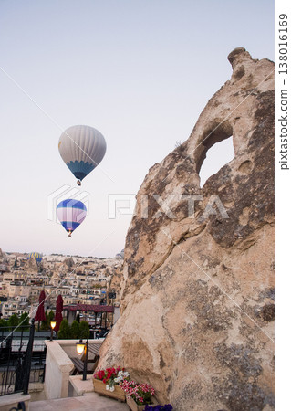 beautiful scenery flight of balloons in the mountains of Cappadocia in love valley beautiful scenery flight of balloons in the mountains of Cappadocia in love valley 138016169