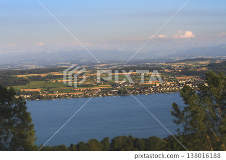 Panoramic view of Lake Murten from Mount Mont Vully 138016188