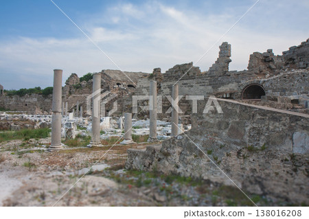 Archaeological site with marble columns and ruins in Side, Turkey 138016208