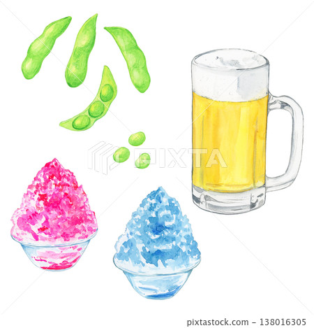Summer beer mug and edamame, strawberry and blue Hawaii shaved ice set (watercolor illustration) Summer beer mug and edamame, strawberry and blue Hawaii shaved ice set (watercolor illustration) 138016305