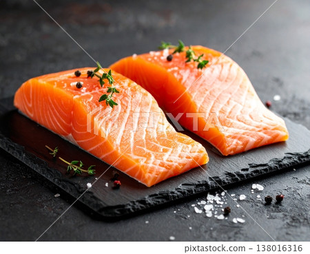 Salmon slices sashimi with thyme on a rustic slate platter against a dark backdrop 138016316