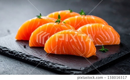 Salmon slices sashimi with thyme on a rustic slate platter against a dark backdrop Salmon slices sashimi with thyme on a rustic slate platter against a dark backdrop 138016317