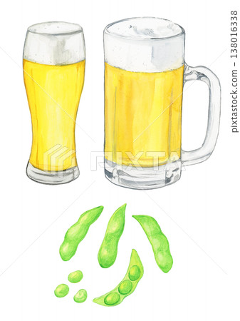 毛豆與一杯啤酒：夏日夜晚的飲品組合（水彩插畫） 138016338