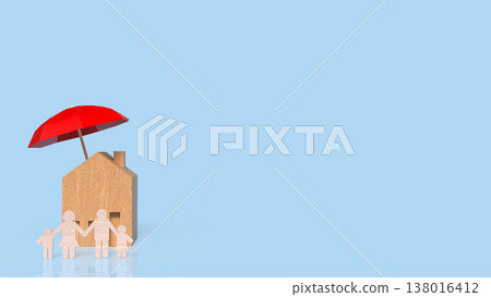 Home And Family Protection Concept With Red Umbrella 3d render. Home And Family Protection Concept With Red Umbrella 3d render. 138016412