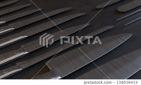 Professional Kitchen Knives Set On Dark Background 3d render. 138016413
