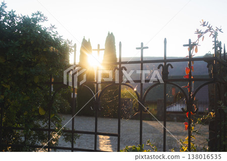 Sunlight shining through a wrought iron fence with spider webs Sunlight shining through a wrought iron fence with spider webs 138016535