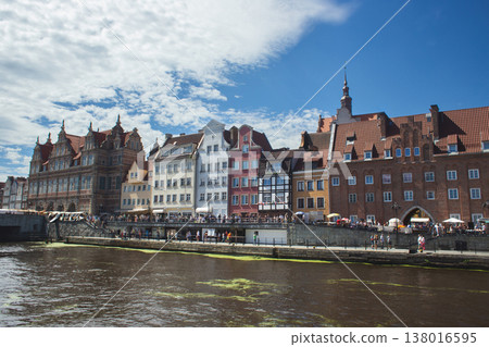 Picturesque waterfront with historic Hanseatic-style buildings along the Motlawa River in Gdansk, Poland 138016595
