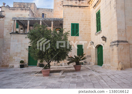 Limestone courtyard in Mdina with green doors and olive tree Limestone courtyard in Mdina with green doors and olive tree 138016612
