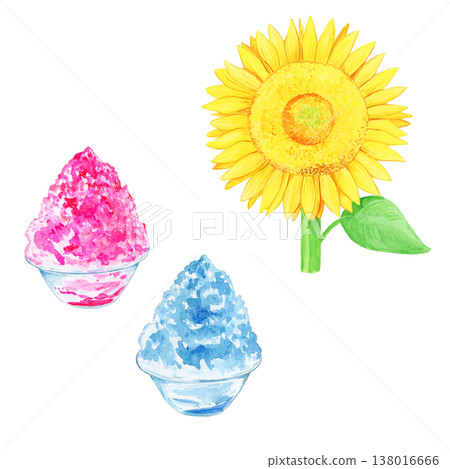 夏季水彩插畫套裝,包含向日葵、草莓和藍色夏威夷刨冰。 夏季水彩插畫套裝,包含向日葵、草莓和藍色夏威夷刨冰。 138016666