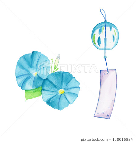 一套充滿夏日氣息的日式水彩插畫，描繪了兩朵淺藍色的牽牛花和一個淺藍色的風鈴。 138016884
