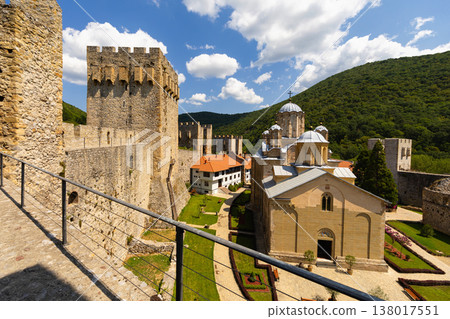 Sunlit inner yard of Manasija Monastery with Church and Despots Tower Sunlit inner yard of Manasija Monastery with Church and Despots Tower 138017551