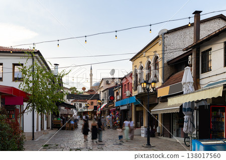 Streets between low buildings are shopping district, ancient bazaar market in city of Skopje Streets between low buildings are shopping district, ancient bazaar market in city of Skopje 138017560