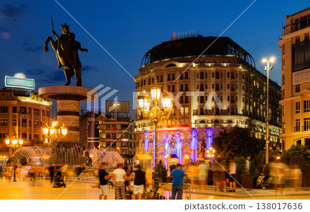 Twilight view of Macedonia square in Skopje 138017636