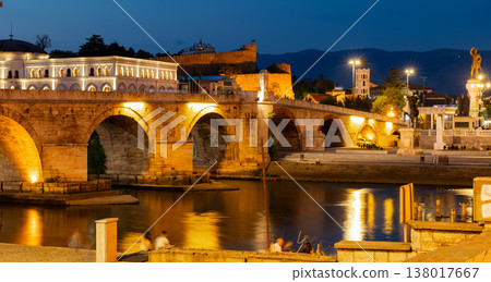 Stone bridge over Vardar river, Skopje, evening time Stone bridge over Vardar river, Skopje, evening time 138017667