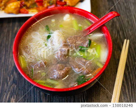 Chinese noodle soup with dried beef Chinese noodle soup with dried beef 138018240