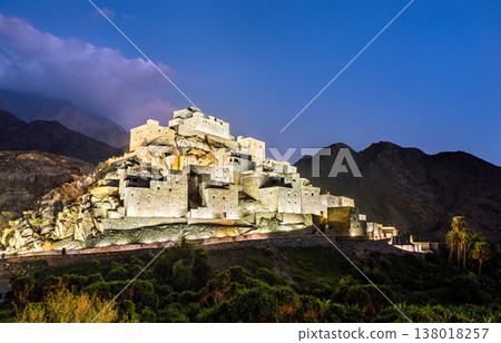 Night view of the historic Thee Ain Heritage Village built on a marble hill in the Al Bahah region of Saudi Arabia Night view of the historic Thee Ain Heritage Village built on a marble hill in the Al Bahah region of Saudi Arabia 138018257