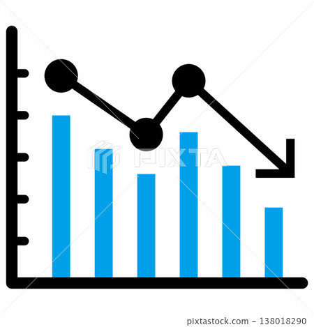 帶有向下箭頭的條形圖和折線圖的商業圖示（2 種顏色，藍色，複雜分析，下降趨勢，減少，損失，下跌趨勢） 138018290