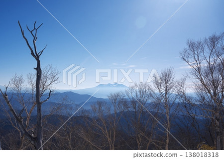 View of Mount Ontake from the top of the slopes at Meihō Ski Resort during spring skiing. View of Mount Ontake from the top of the slopes at Meihō Ski Resort during spring skiing. 138018318