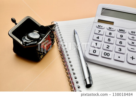 Wallet and calculator: saving money, managing finances Wallet and calculator: saving money, managing finances 138018484
