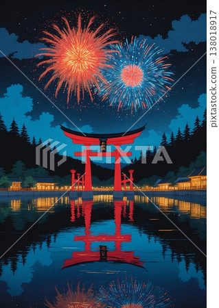A magical night with a water torii gate and fireworks. 138018917