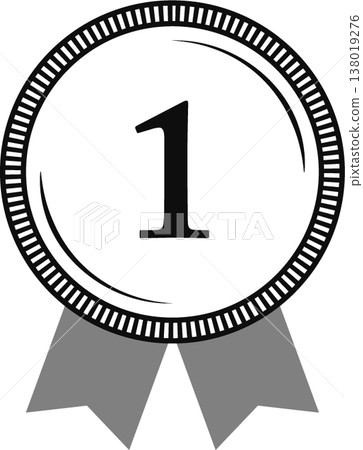 Ranked #1: Medal and ribbon rank icon, No. 1, monochrome, black and white. Ranked #1: Medal and ribbon rank icon, No. 1, monochrome, black and white. 138019276