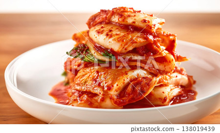 一張韓國大白菜泡菜的微距照片，盛放在白色盤子上。 138019439